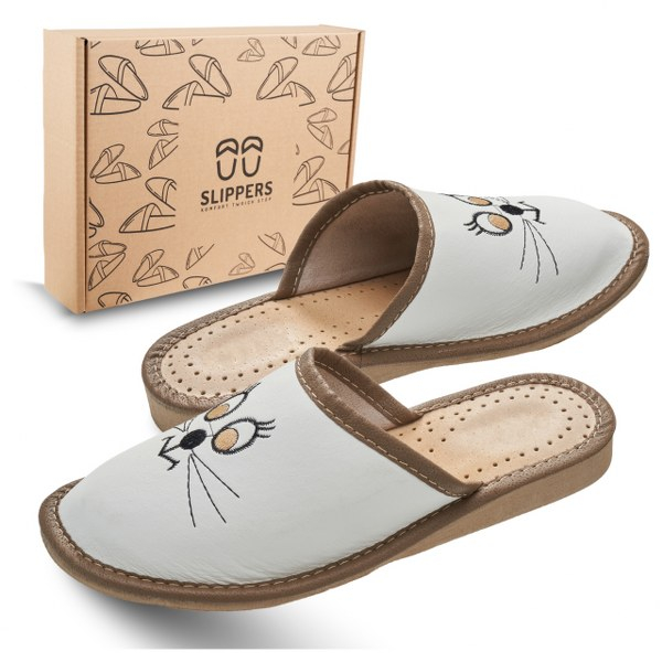 Skórzane klapki damskie kotki Slippers